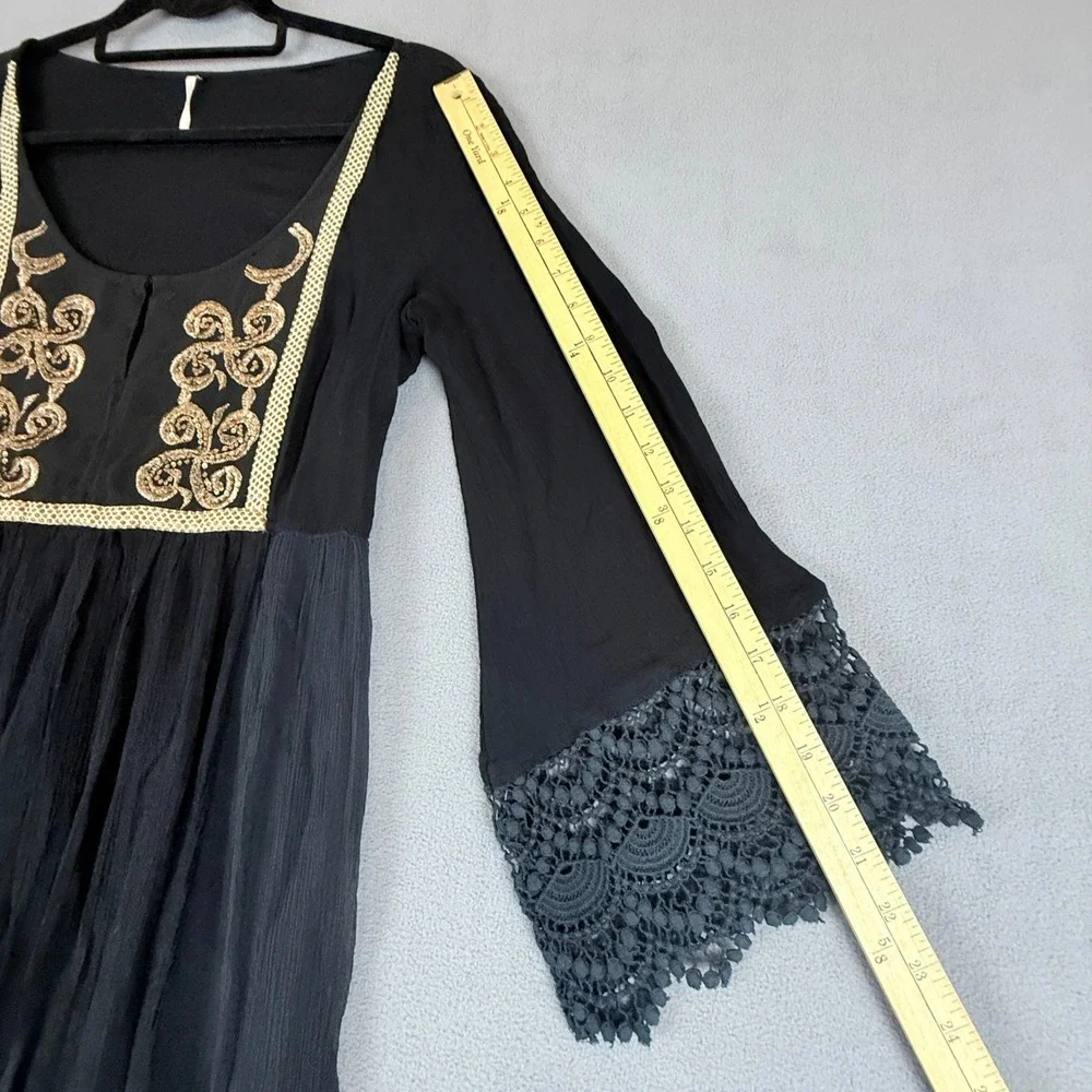 Free People Mini Dress Small Black Gold Embroidered Lace Bell Sleeve Boho Witchy